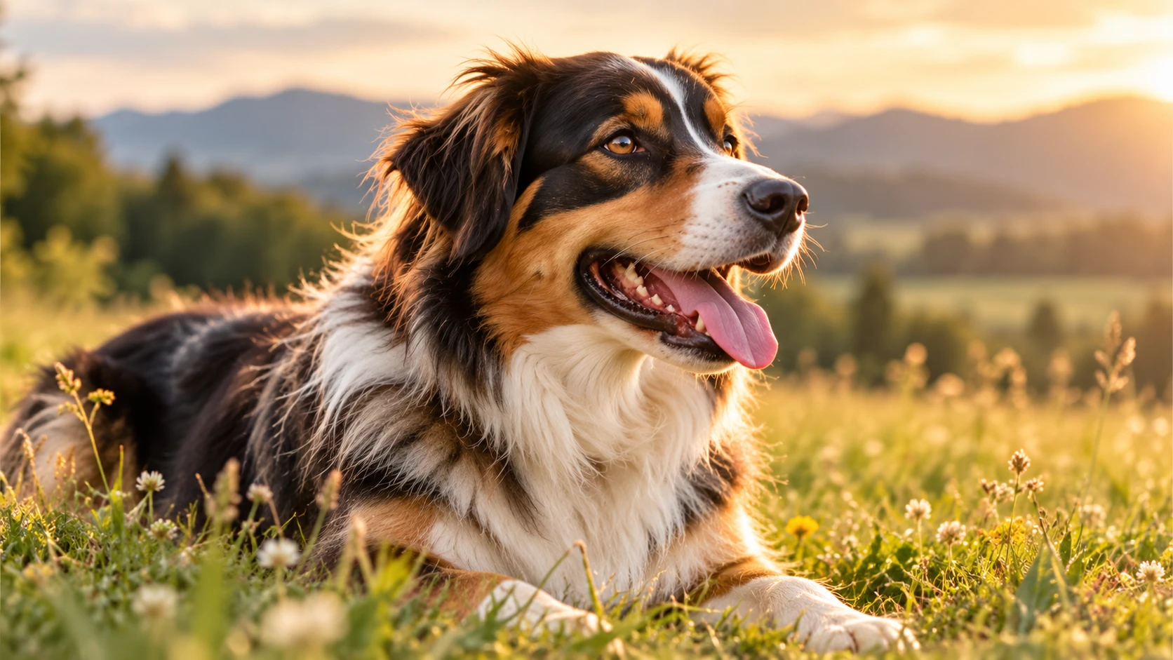 Ein Hund liegt fröhlich hechelnd in einer sonnigen Sommerwiese