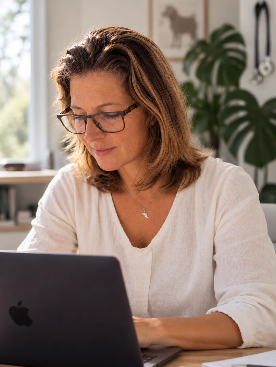 Dr. Irene Ebner mit Brille am Schreibtisch, bei der Arbeit am Laptop