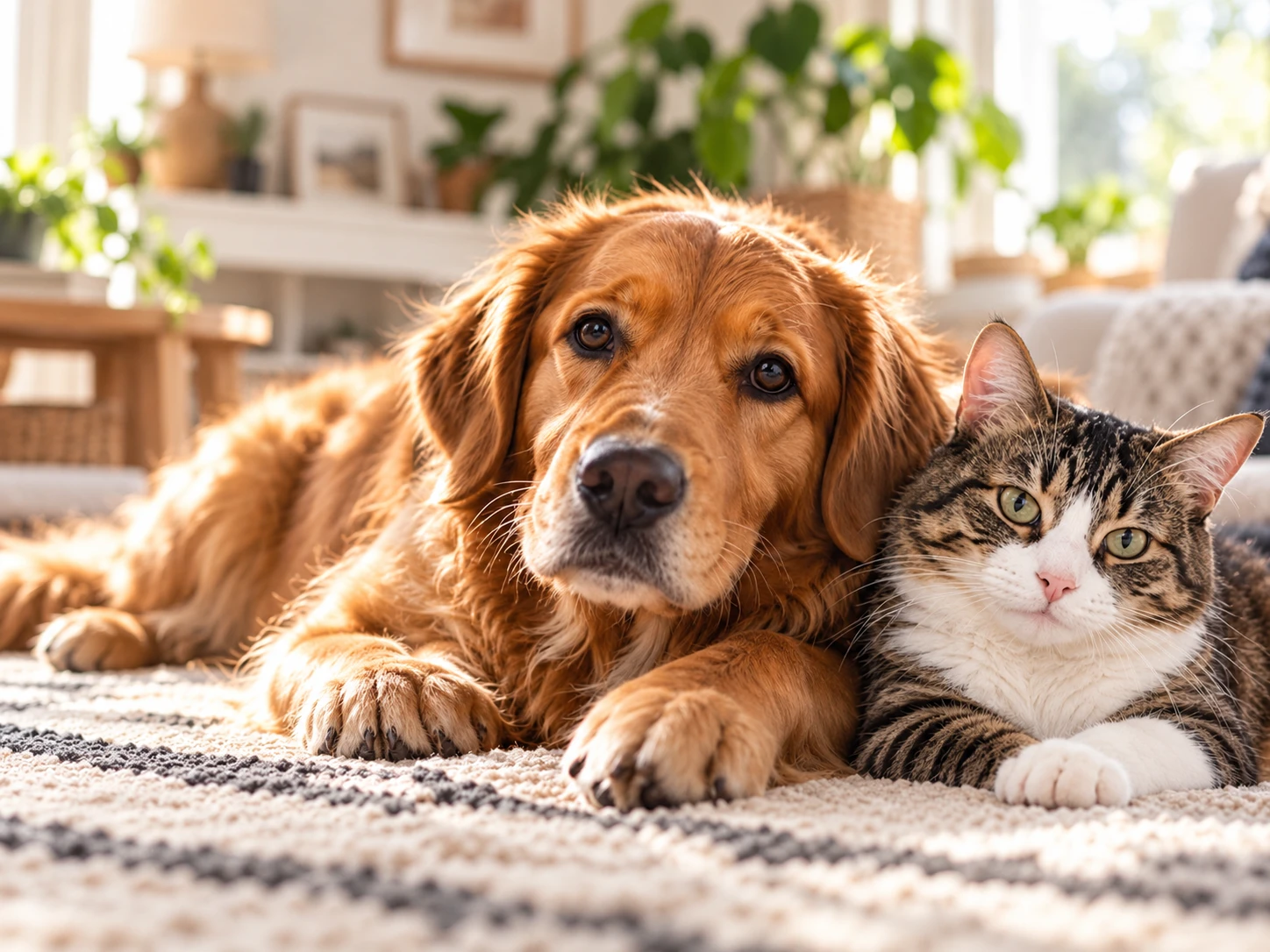 Golden Retriever und getigerte Katze liegen entspannt nebeneinander auf einem Teppich