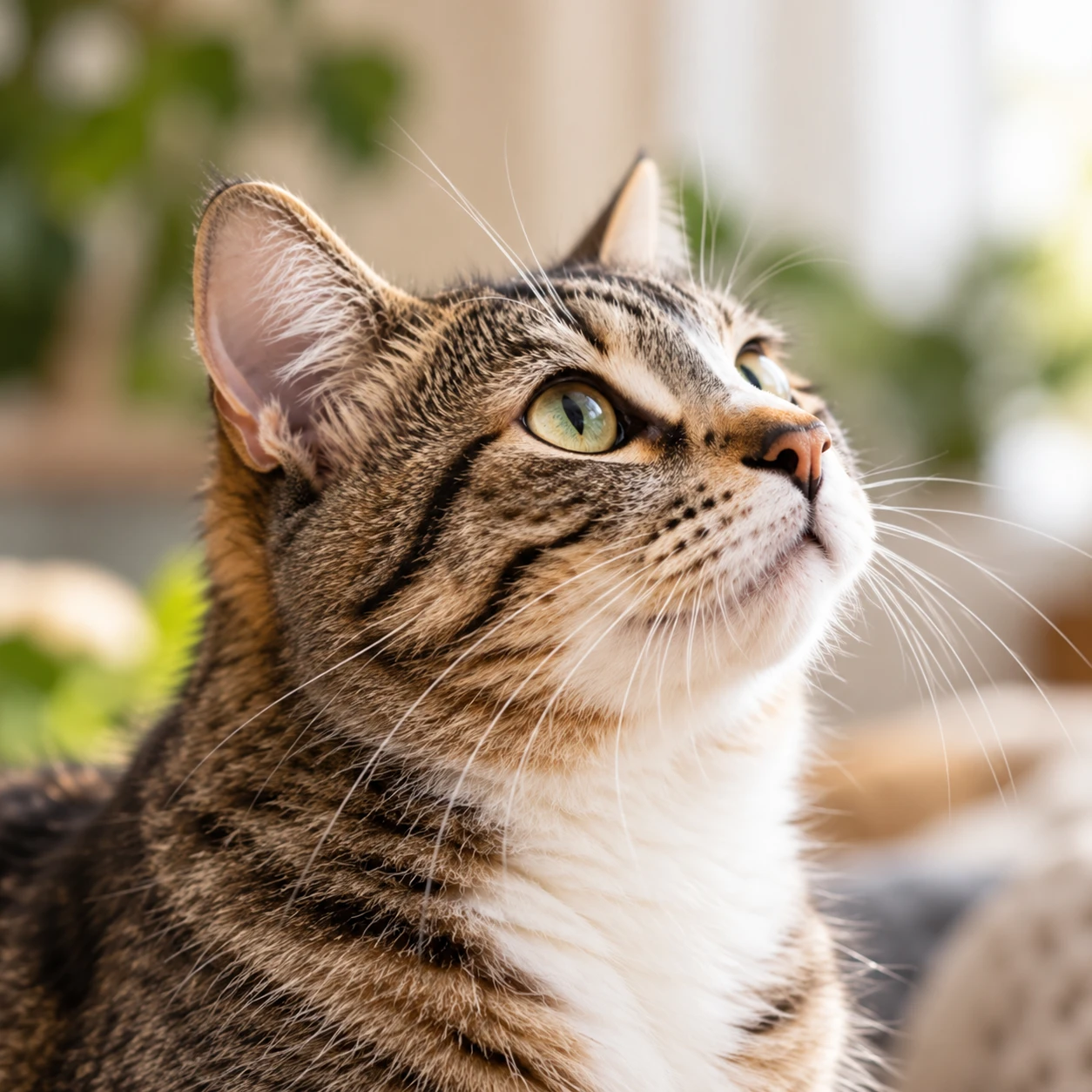 Getigerte Katze blickt aufmerksam nach oben