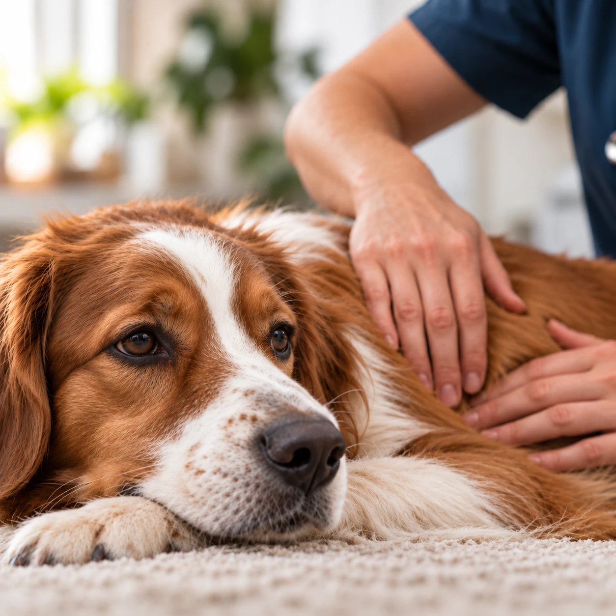 Hund wird während einer ruhigen manuellen Untersuchung behutsam am Rumpf abgetastet
